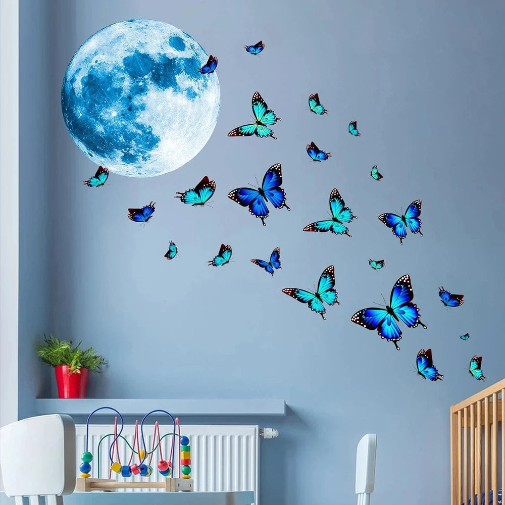 4Pcs/Set Moon & Butterfly Glow In The Dark Wall Sticker Bedroom Home Wall Decoration Zpaxo