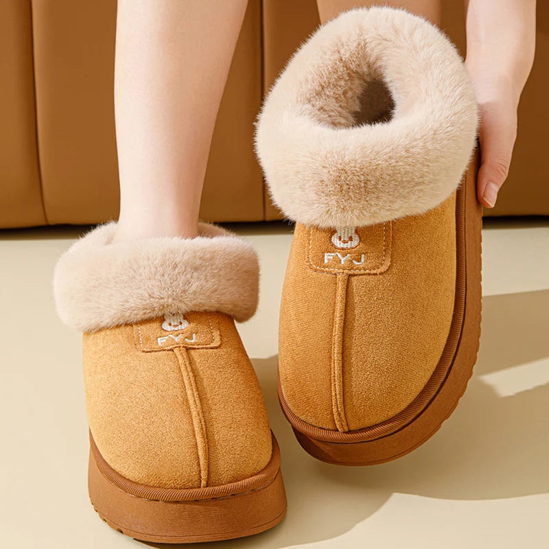 Winter Woman Slippers Plush Anti Slip Sole Thick Bottom Embroider