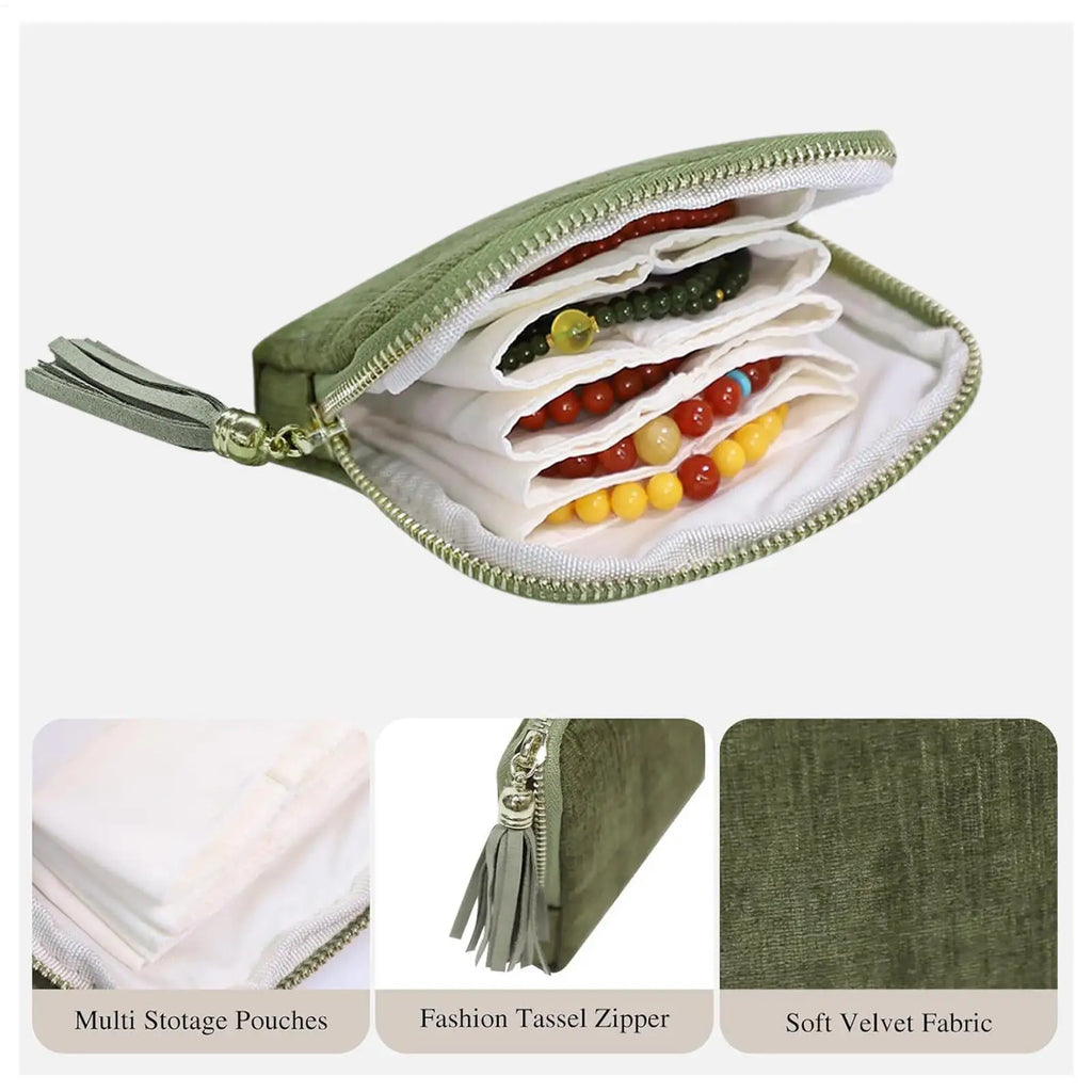 Velvet Travel Jewelry Pouch Roll Organizer Zipper Closure Necklace