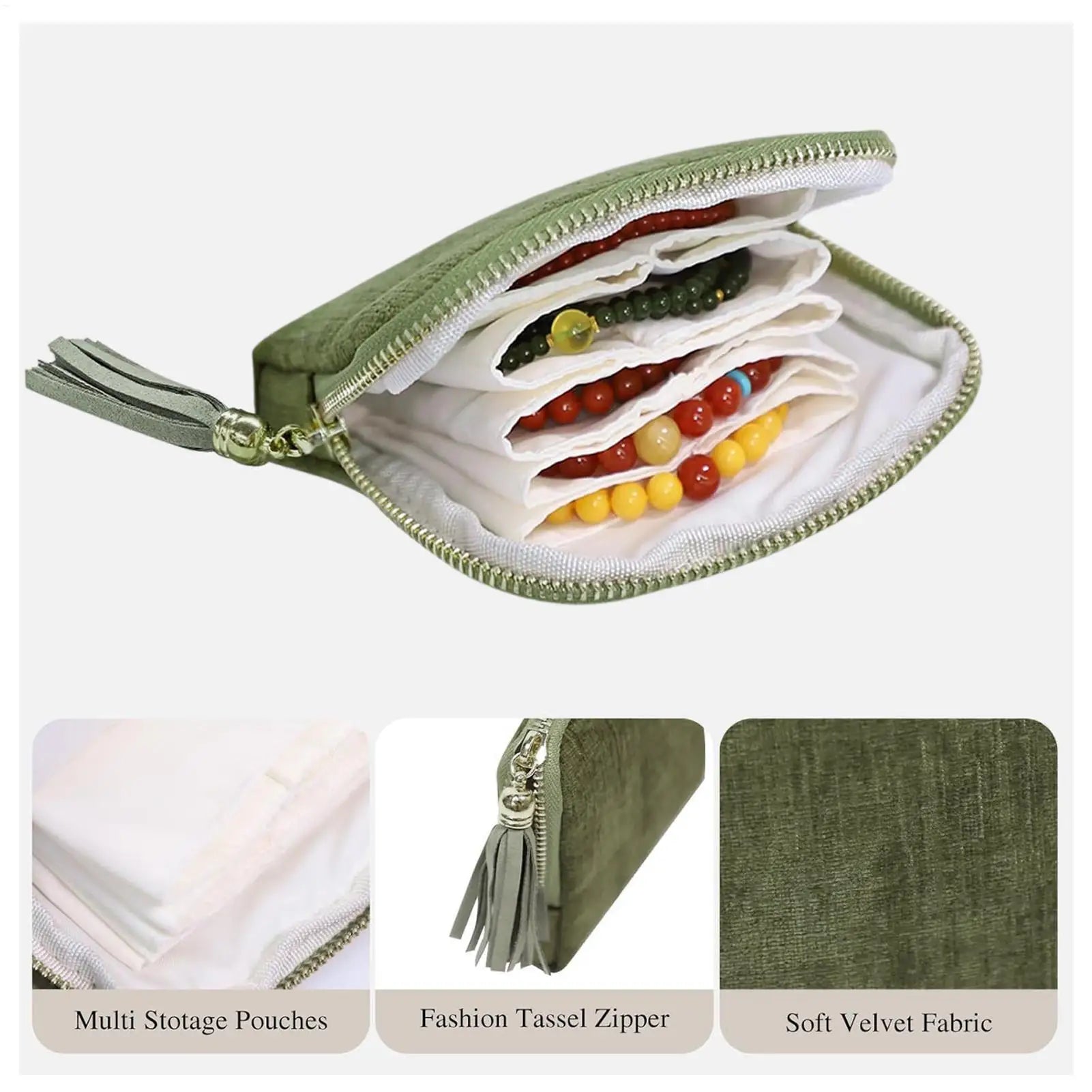 Velvet Travel Jewelry Pouch Roll Organizer Zipper Closure Necklace