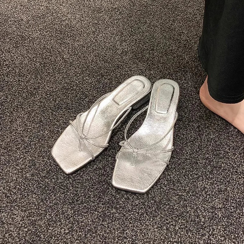 Slippers for Women's Summer New French Square Toe Slim Fit Lace Up Hollowed Out Clip on Thick Heel Outdoor Flat Sandals Women's Zpaxo silver(3cm) 38