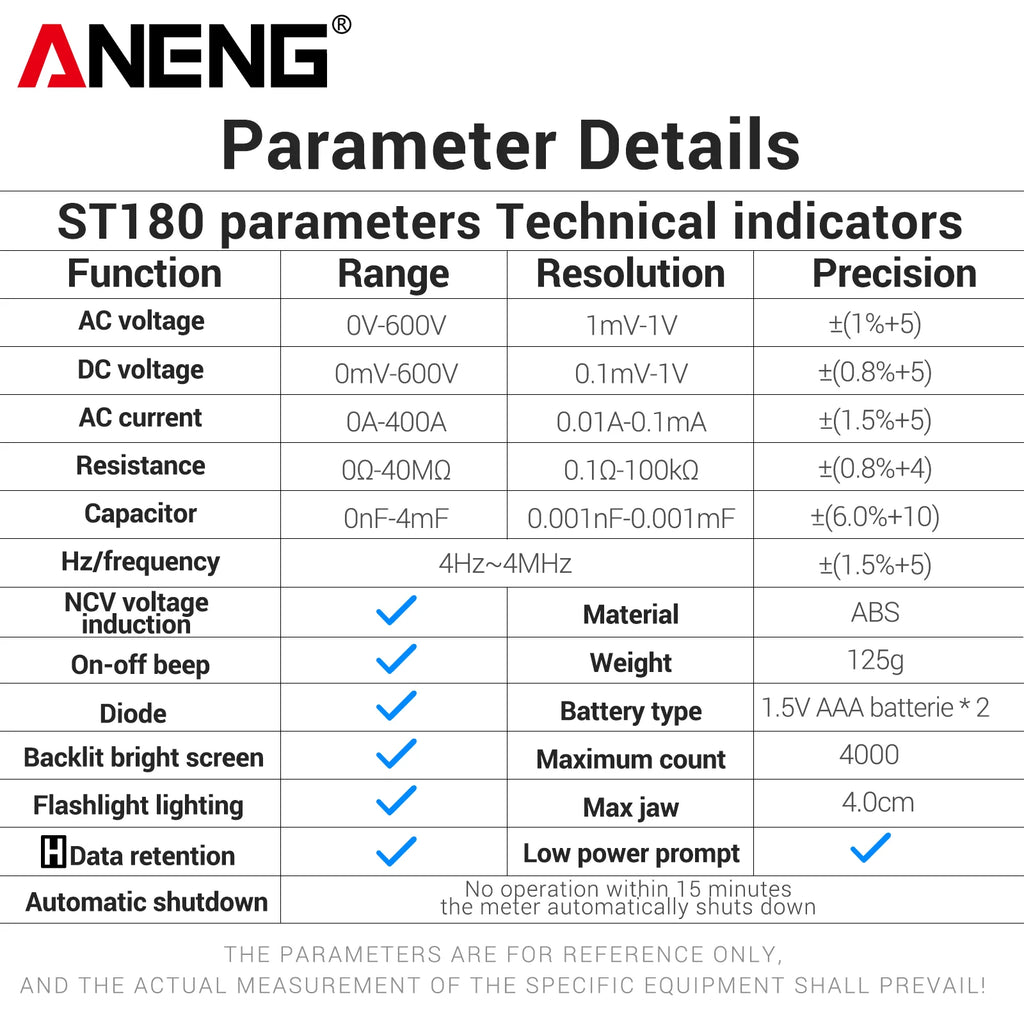 ANENG ST180 Mini Clamp Tester NCV Diode Test Tool Multimeter 4000