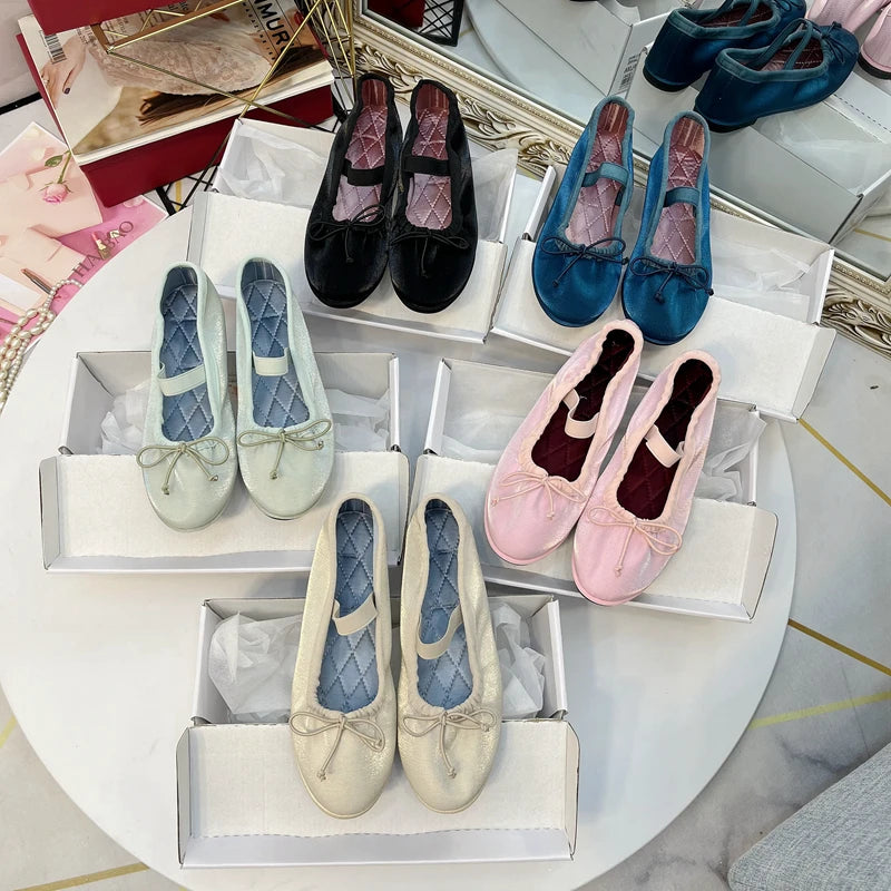 Flat Shoes for Women's Spring Summer Silk Bow Ballet Shoes Women's Round Toe Student Flat Bottom Mary Jane Shoes Lolita Shoes Zpaxo