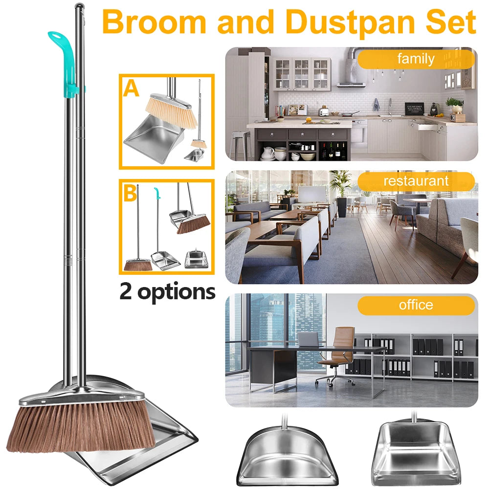 Broom and Dustpan Set Long Handle Upright Stainless Steel Dustpan Broom Set Portable Household Cleaning Tools for Home Office Zpaxo