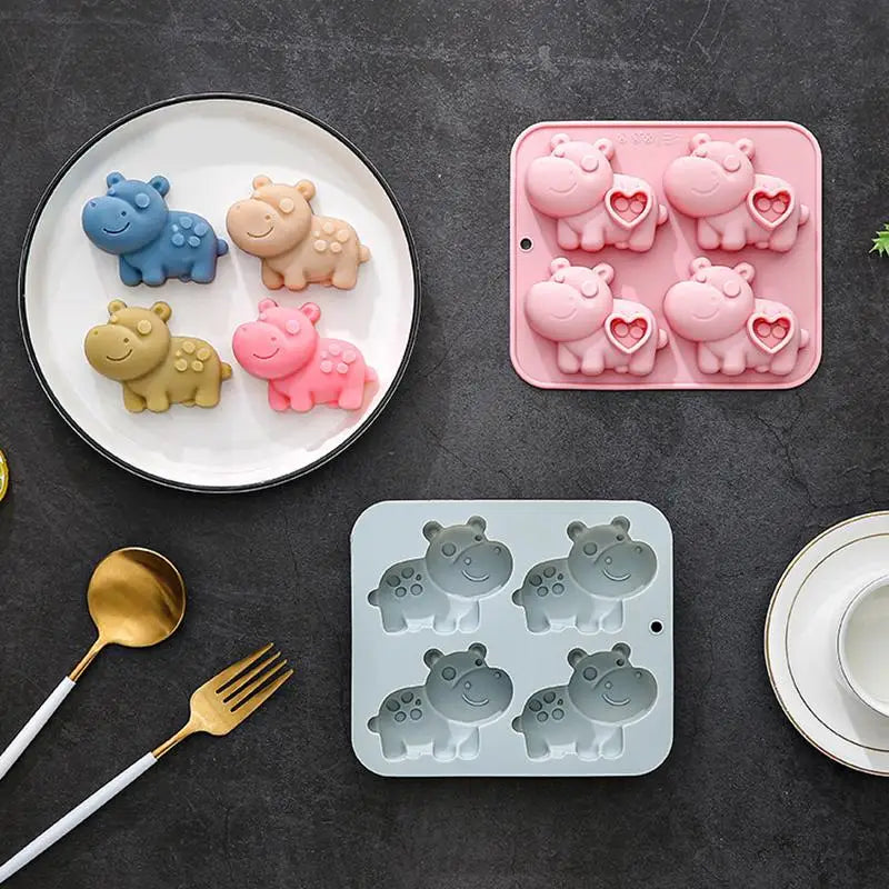 Flexible Silicone Hippo Mold Four Cavity Heart Tray Homemade Zpaxo
