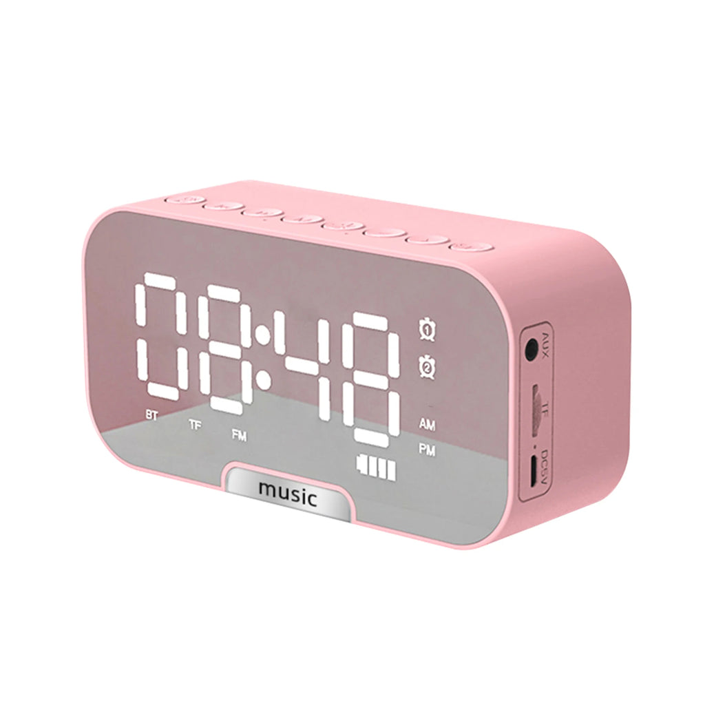 Digital Mirror Surface Alarm Clock Desktop Portable BT Speaker & FM Radio Rechargeable Support TF Card for Home Office Travel Zpaxo Pink