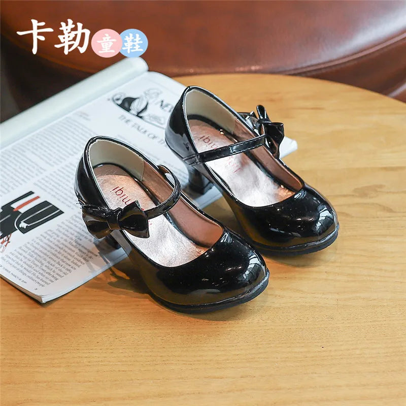 Girls Leather Shoes Autumn Bowtie Sandals 2023 Children Heels Zpaxo black 32(Insole20.5cm) China Mainland