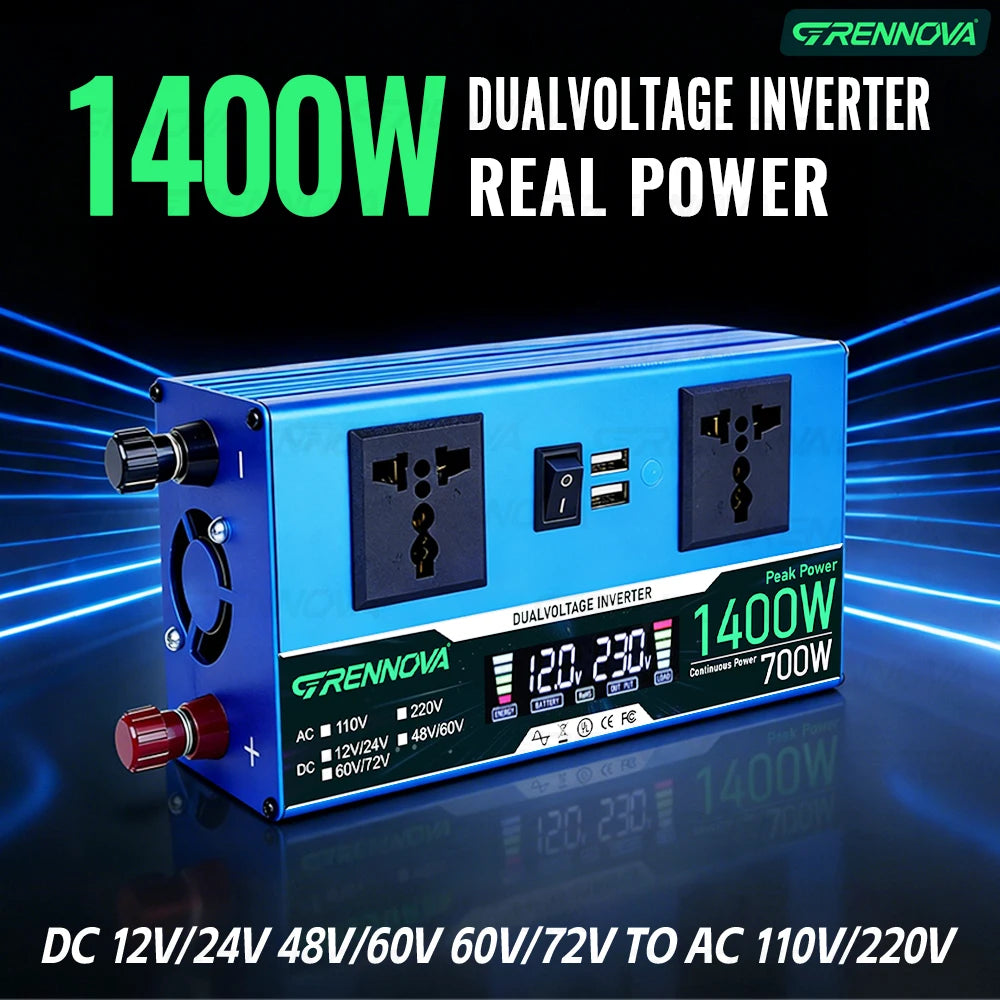 Grennova 1400W/2200W Dual Voltage Power Inverter w/ LCD Screen 12V/24V/48V/60V/72V to 110V/220V for RV, Camping & Solar Off-Grid Zpaxo
