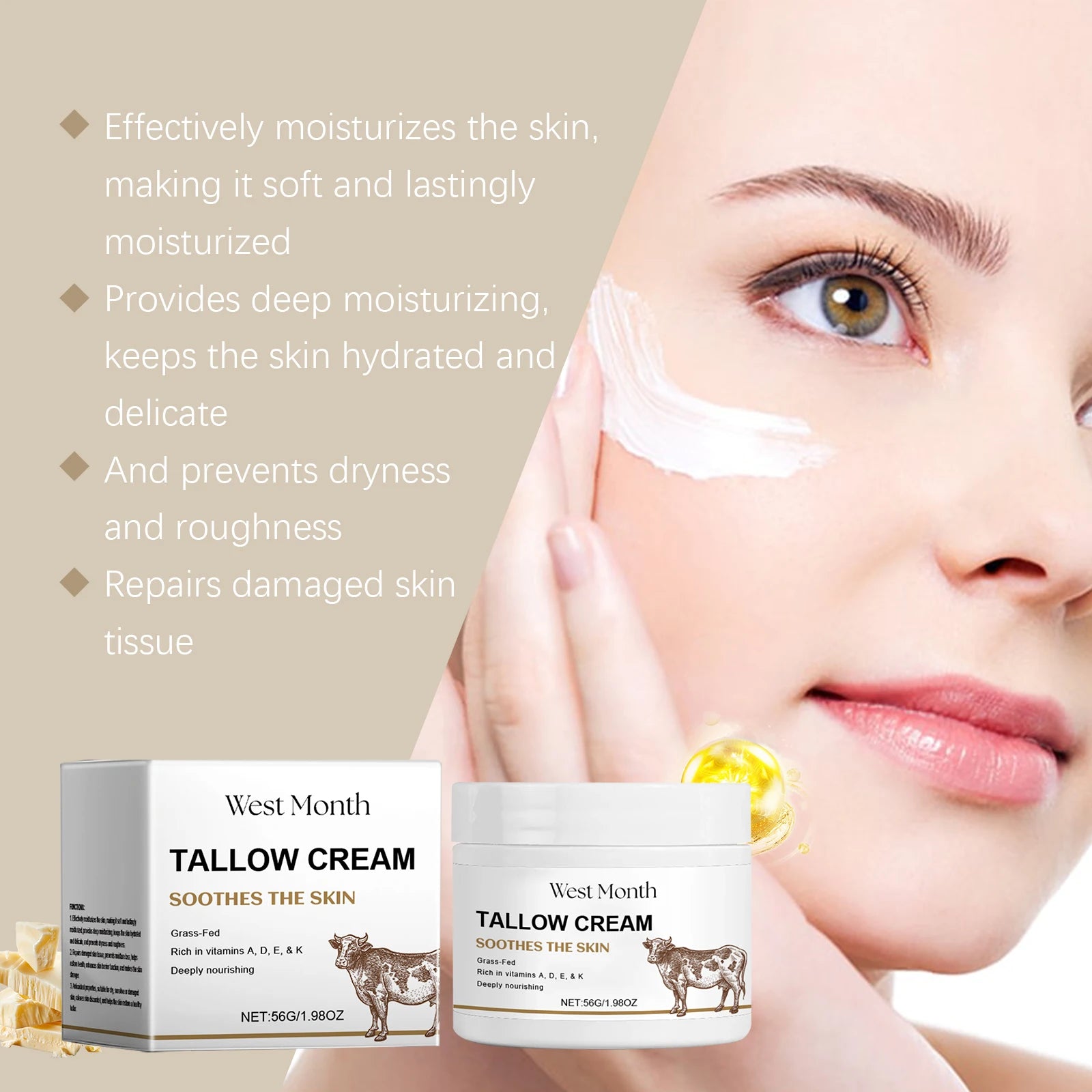 Tallow Face Cream Fade Fine Lines Lifting Firming Hydrating Smoothing Zpaxo