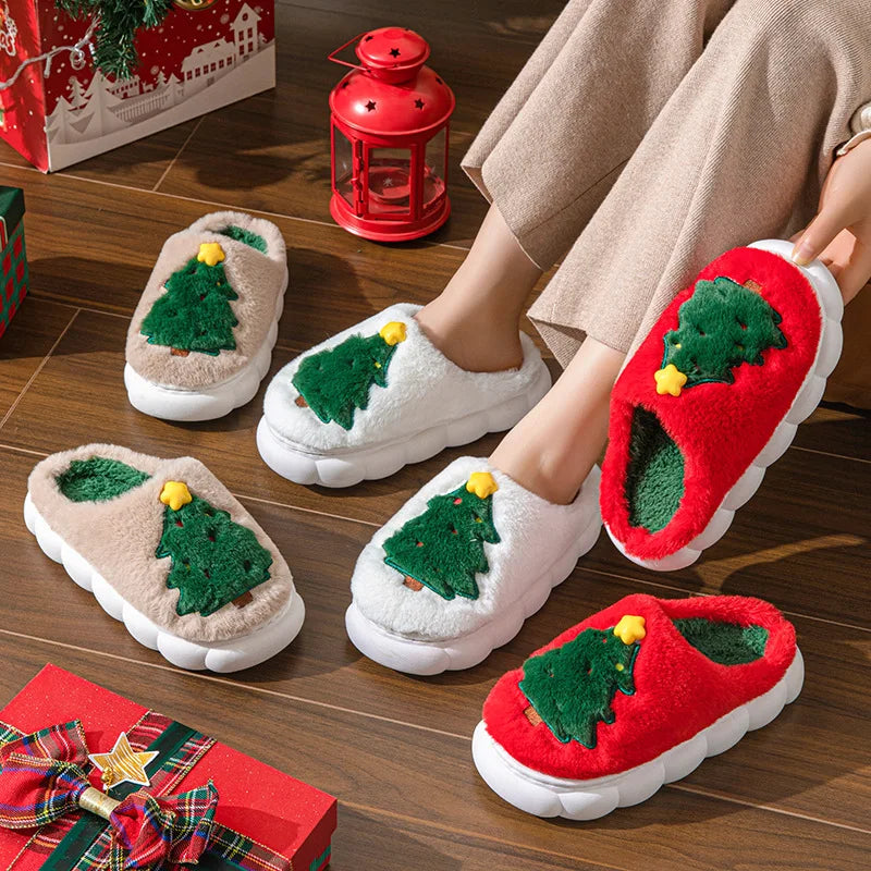 Christmas Themed Plush Slippers Women Men Cozy Home Winter Indoor