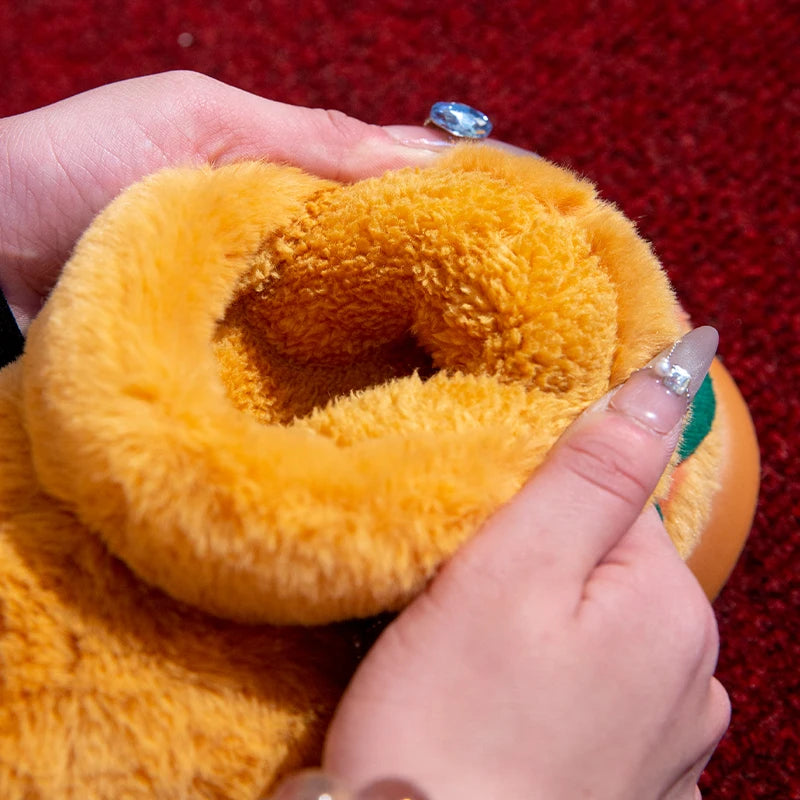 Women Cute Cartoon Hamburger Slippers Winter Warm Soft Plush Fluffy