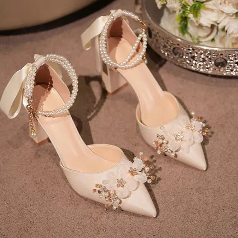 Women Sandals All-match Comfort Wedding Shoes Pointed Heel Retro Zpaxo Champagne 39