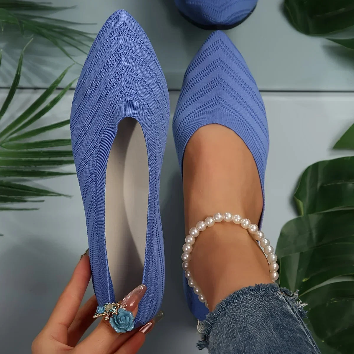 Women's Pointed Toe Flat Shoes Solid Knitted Slip Casual Breathable Zpaxo Blue 43