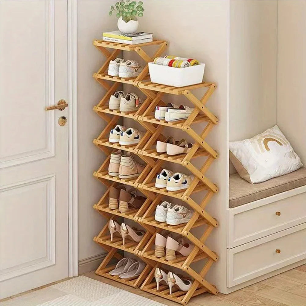 Bamboo Shoe Rack, Foldable Space Saving Shelves for Home and Bedroom - Interior Entry Storage Free Footed Shoe Narrow Shelf Zpaxo
