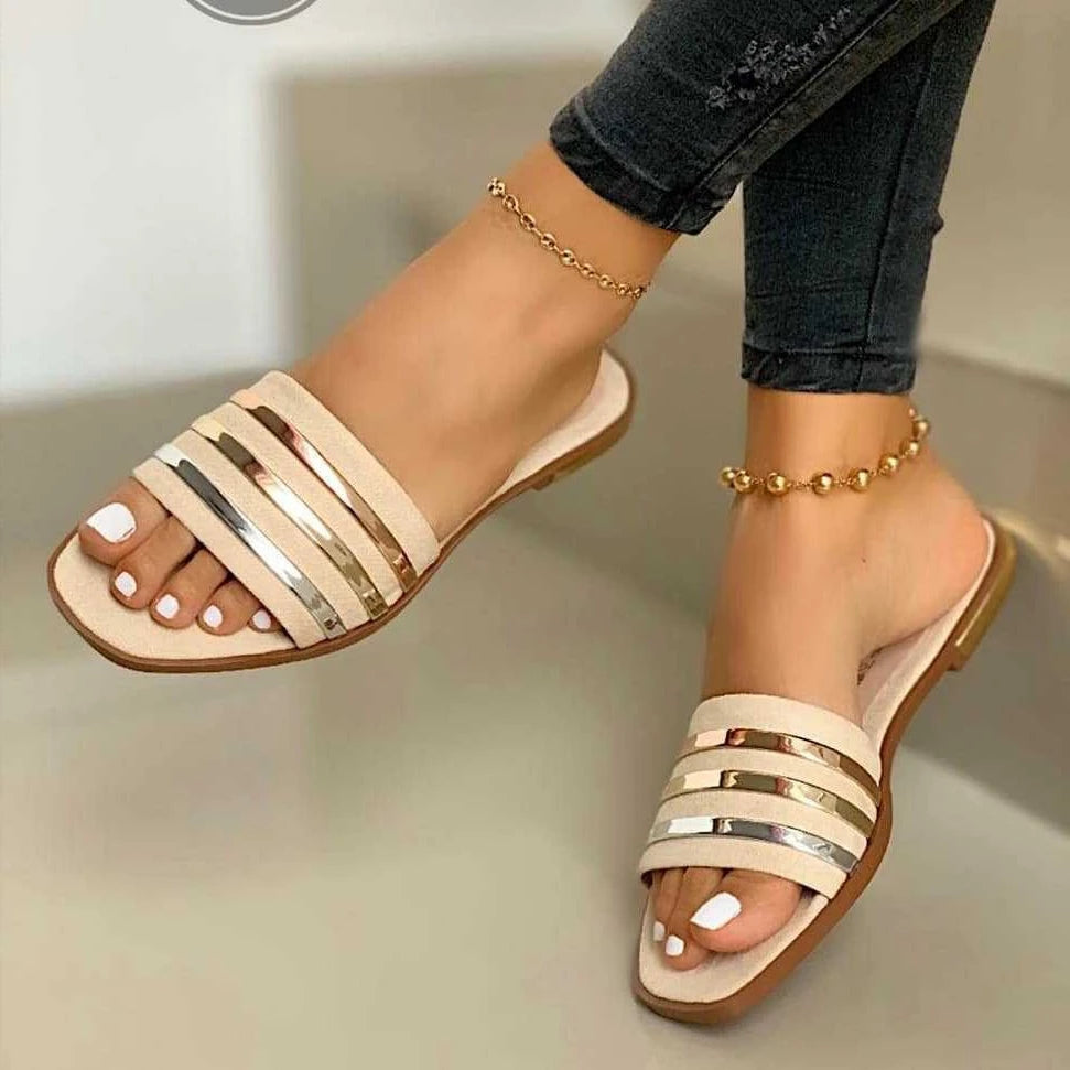 Women Slippers 2025 Metal Striped Summer Flat Shoes Fashion Slip