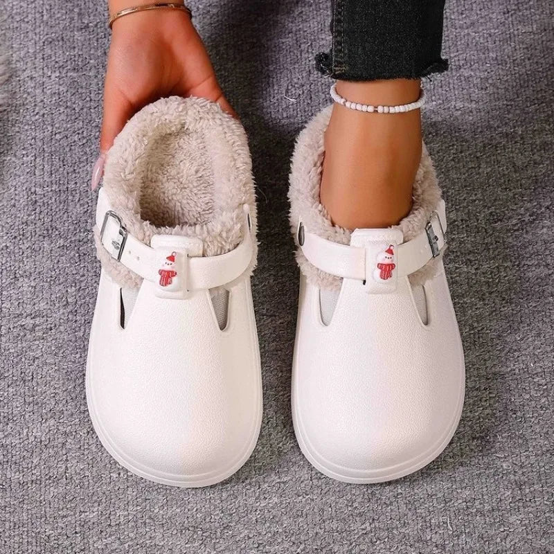 Waterproof Eva Furry Mules Slippers Women Winter Metal Buckle Warm