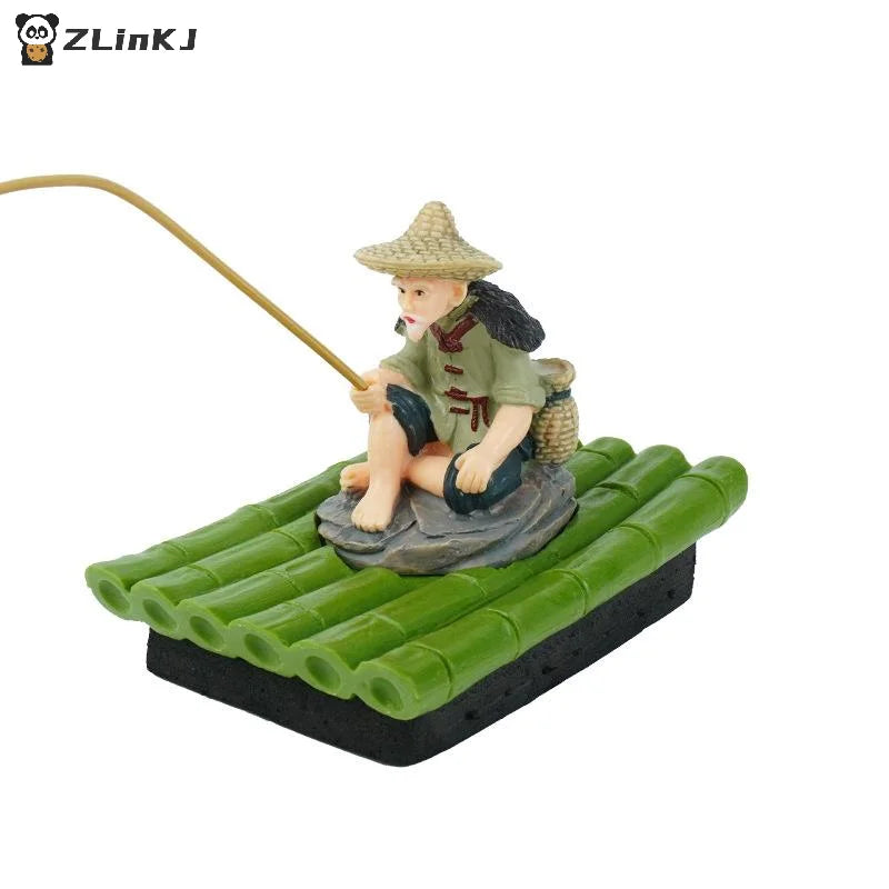 ▶1Pcs PVC Garden Statue Bamboo Raft Elderly Fisherman Figurine For Yard Floating Aquarium Decor Outdoor Decoration Zpaxo