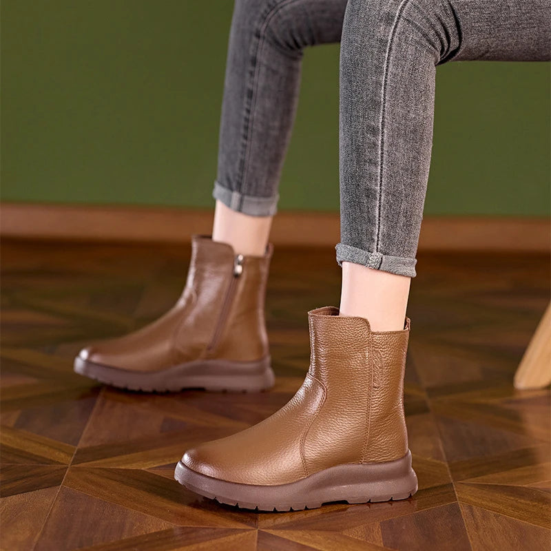 Women Leather Ankle Boots 2026 Round Toe Side Zipper Chunky Sole Zpaxo