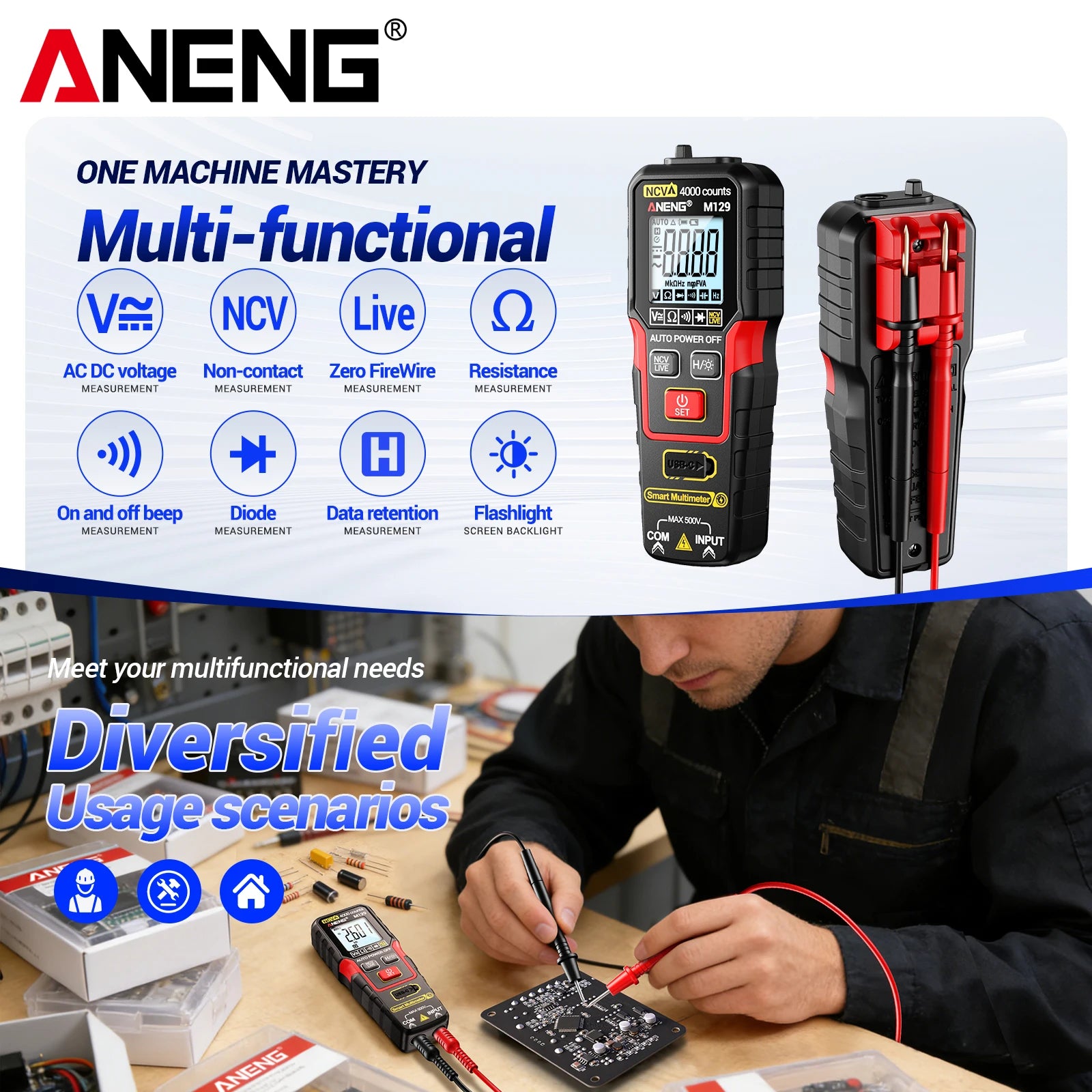 Lithium Ion Multimeter Automatic Range Anti Burn AC DC Voltage