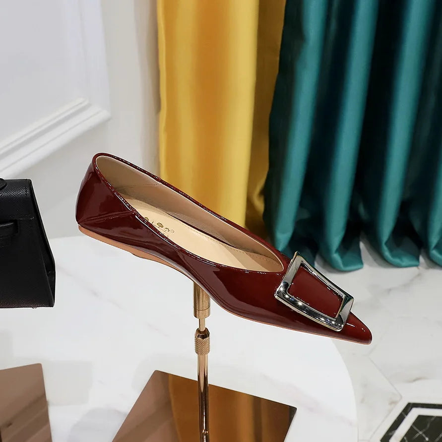 Flat Shoes for Women Spring and Autumn 2025 New Casual Women's Shoes Patent Leather Pointed Toe Metal Buckle Flat Ladies Shoes Zpaxo