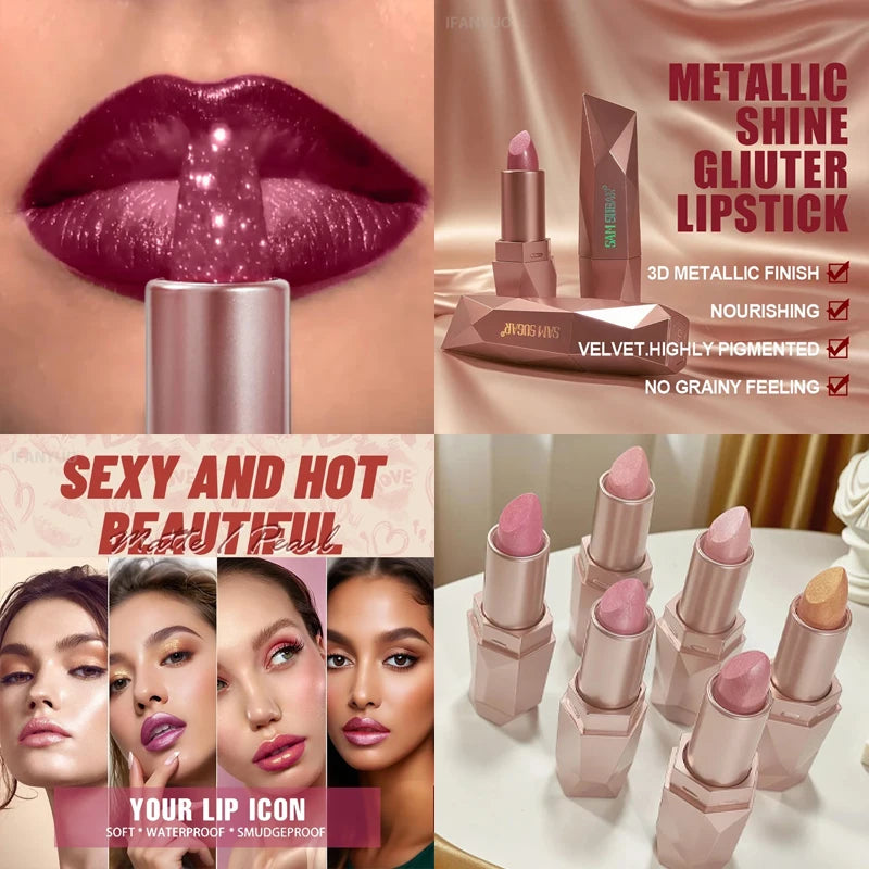 Diamond Glitter Lipstick Moisturizing Metallic Pearl Lip Tint Waterproof Long-lasting Sparkling Dazzling Gold Lip Gloss Makeup Zpaxo