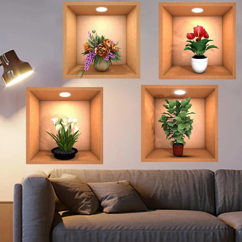 4Pcs 3D Plant Wall Stickers Floral Pattern Green Plants PVC Wall Sticker for Home Art Room Bedroom Background Decoration Zpaxo