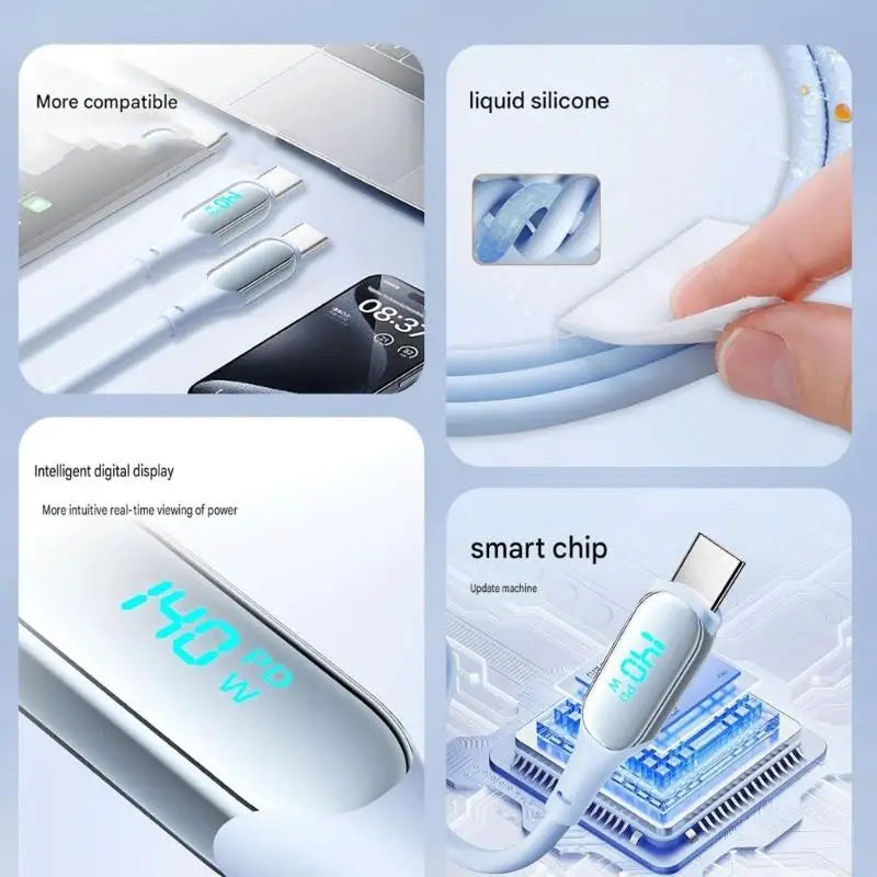 652F Liquid Silicone USB C Charging Cable 140W Real Time Power Display For Notebook And Smartphone 1.5M Zpaxo