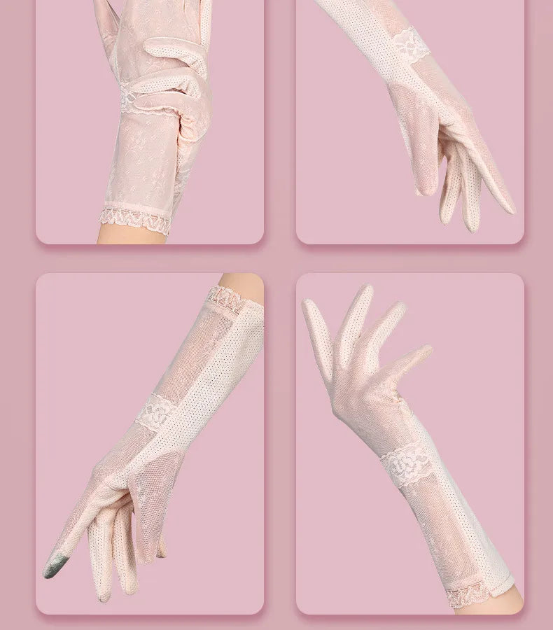 Sunscreen gloves for women summer outdoor driving cycling UV protection touch screen anti slip medium length thin lace gloves Zpaxo