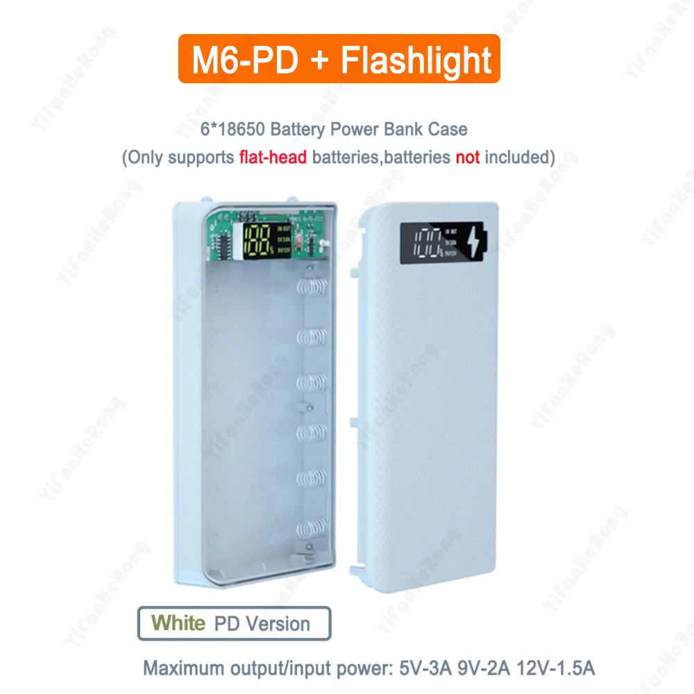 6*18650 Batteries Power Bank Case 5V 9V 12V Output Current Mobile Phone Charger DIY Shell Quick Charge 18650 Battery Holder Box Zpaxo PD White