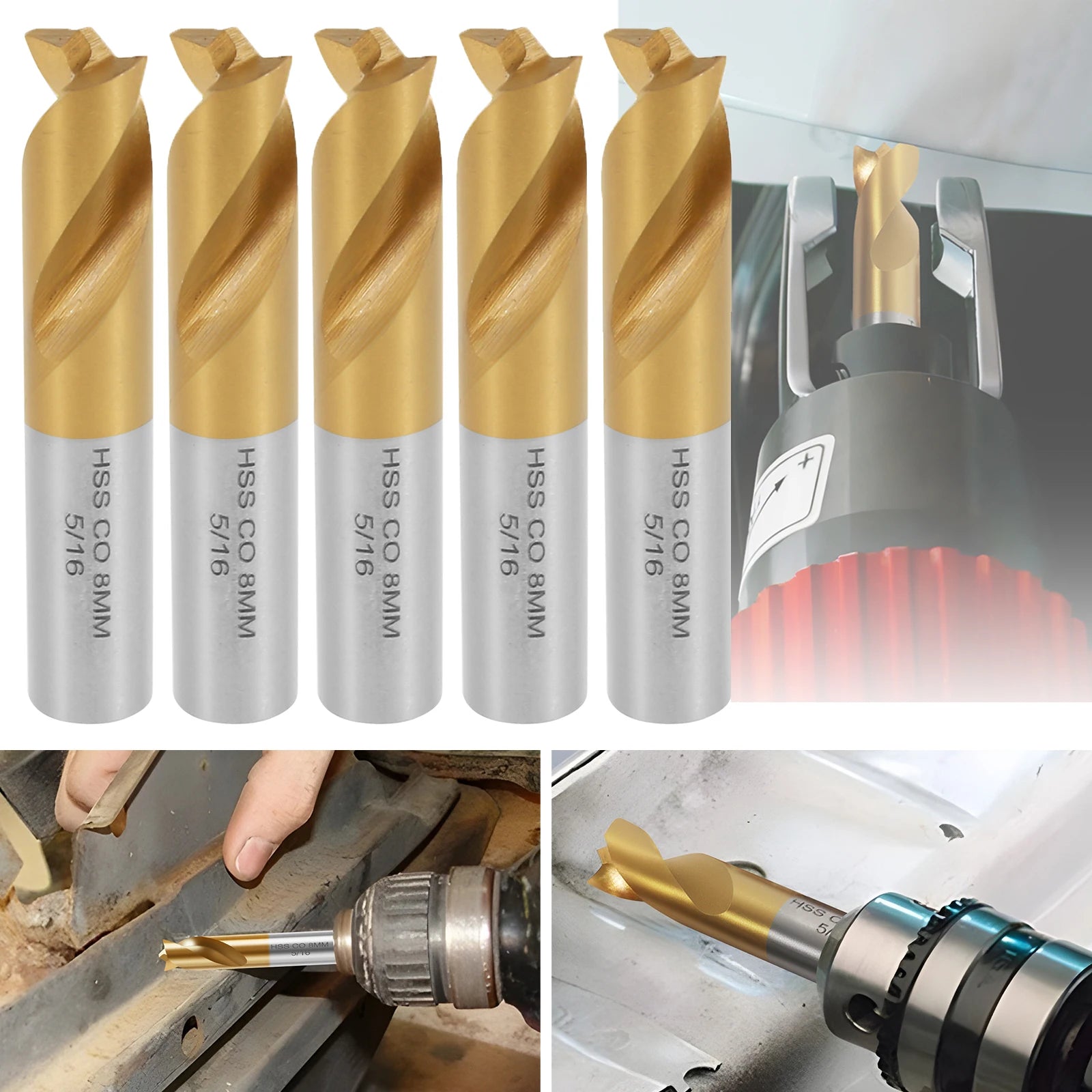 5Pcs Cobalt Spot Weld Drill Bit Set Kit Diameter 5/16-inch (8mm) High Speed Cobalt Steel Weld Cutter Drill Bit Weld Removal Tool Zpaxo