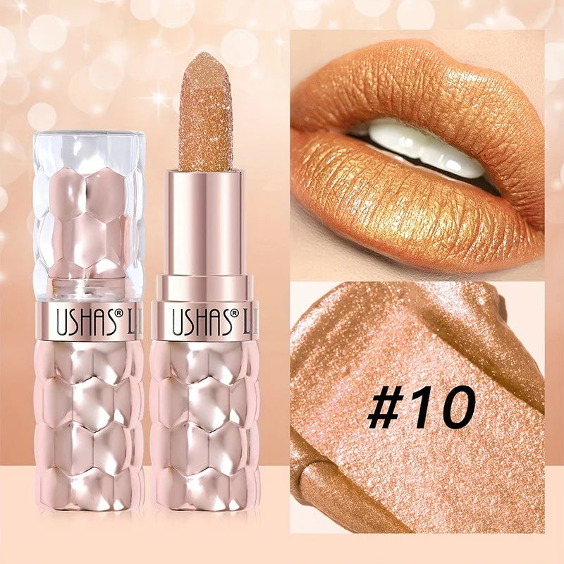 12 Colors Diamond Pearlescent Lipstick Glitter Shiny Metallic Lipstick Long Lasting Lip Tint Non-stick Cup Red Sexy Lips Makeup Zpaxo 10