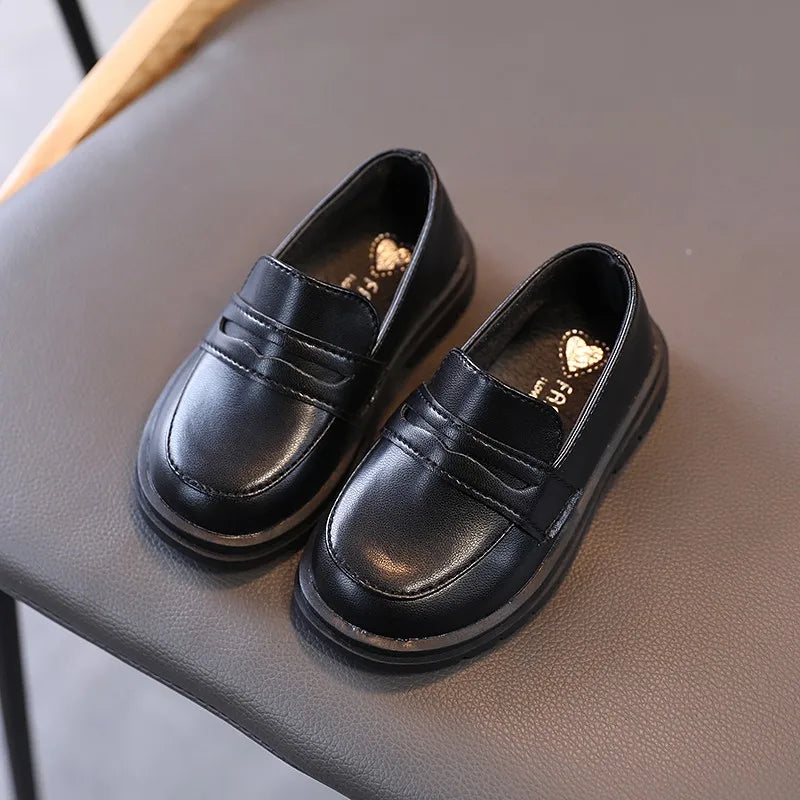 Kids Loafers Slip-on Pu Leather Shallow Black Brown Boys Girls Flat Zpaxo