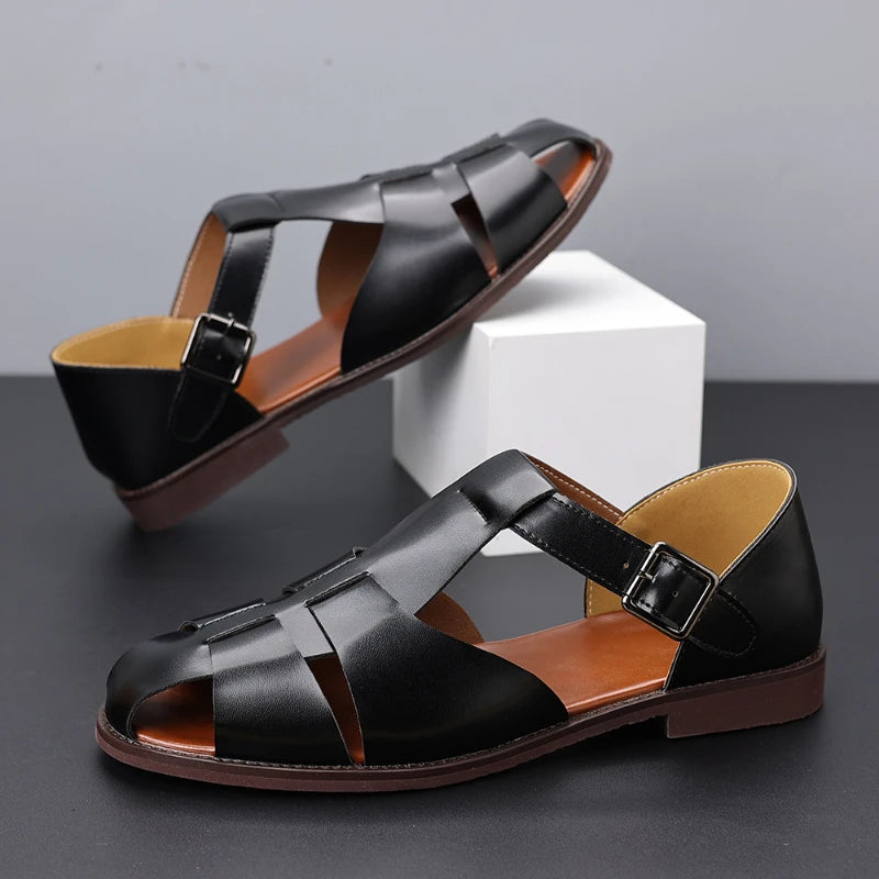 Vintage Brown Leather Roman Sandals Breathable Closed Toe Summer Zpaxo
