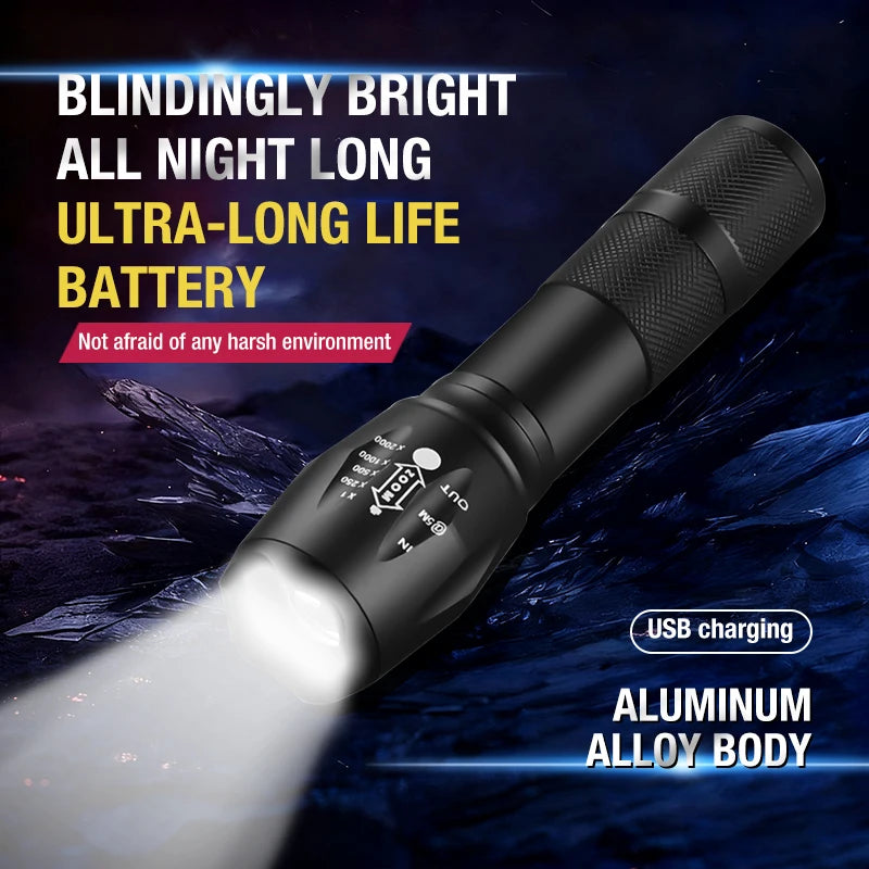 T6 Strong Light Flashlight LED Aluminum Alloy Telescopic Zoom Battery