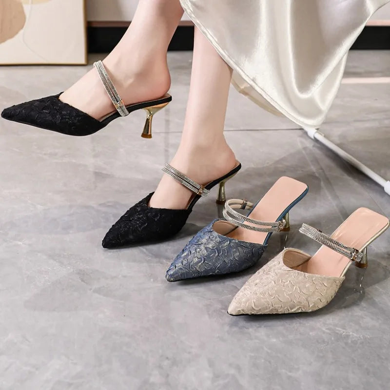 Summer Women's Pointed Closed Toe Rhinestone Embellishment Thin Heel Zpaxo
