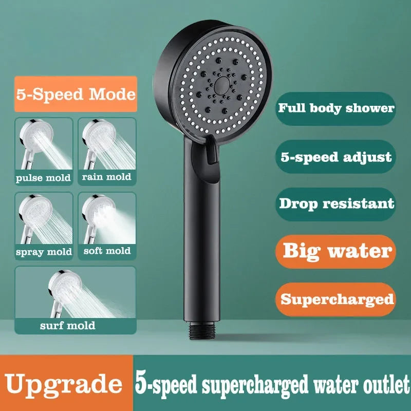 Adjustable Shower Head 5 Mode Rainfall Shower Large Flow ShowerHead High Pressure Water Saving Shower Mixer Bathroom Accessories Zpaxo black