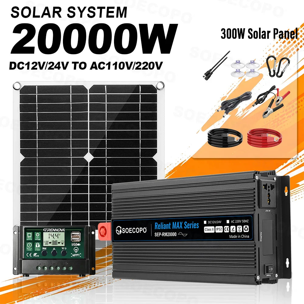 Portable 20000W Solar Power System Kit 300W Panel Inverter Controller DC12V/24V to AC110V/220V Off Grid Camping RV Home Backup Zpaxo