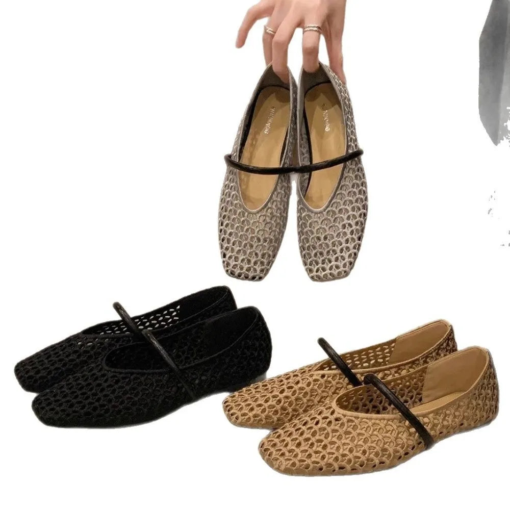 In Summer, Wear Round Toe, Straight Buckles, Casual and Comfortable, Women's Flats, Cut-out Mary Jane Single Shoes,fishnet Shoes Zpaxo