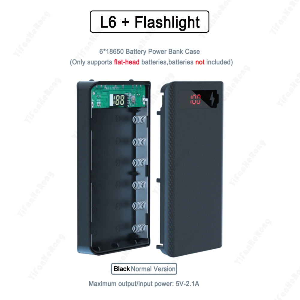 Fast Charging Dual USB Micro USB Type C Power Bank Shell 5V DIY 6*18650 Case Battery Charge Storage Box With Flashlight Zpaxo Normal Black