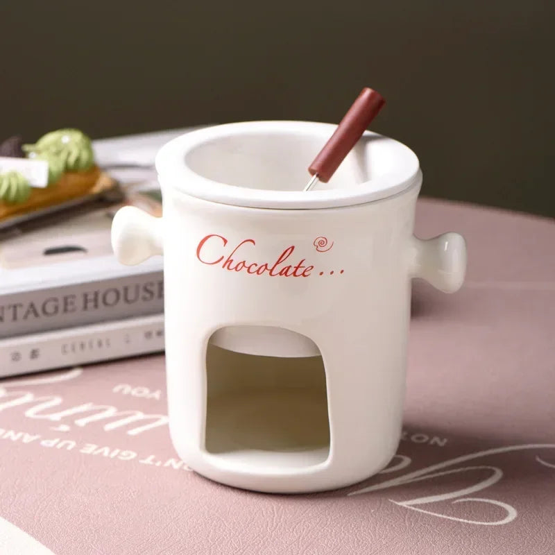 Ceramic Chocolate Melting Mug Set – Chafing Cup with Candle & Fork Ceramic Chocolate Mug Set Zpaxo 301-400ml White - A