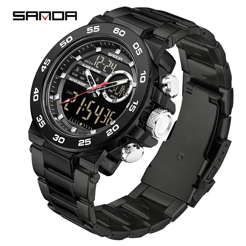 SANDA Fashion Men's Electronic Watches Sports Multifunctional Waterproof Large Dial Three Pin Double Display Men's Wristwatches Zpaxo black