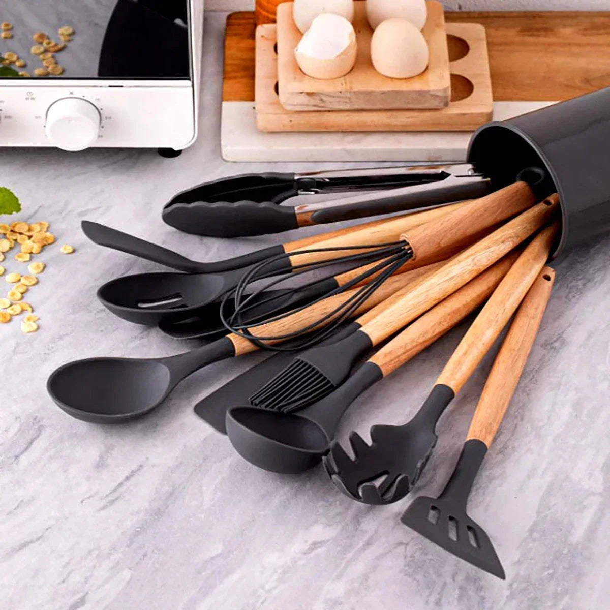 12Pcs/5pcs Silicone Kitchenware Non-Stick Cookware Kitchen Utensils Set Spatula Shovel Egg Beater Wooden Handle Cooking Tool Set Zpaxo