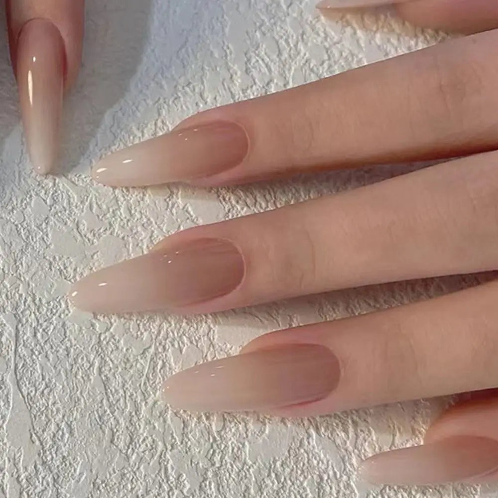 24 Long Almond False Nails French Simple Gradient Fake Nail Tips DIY Zpaxo