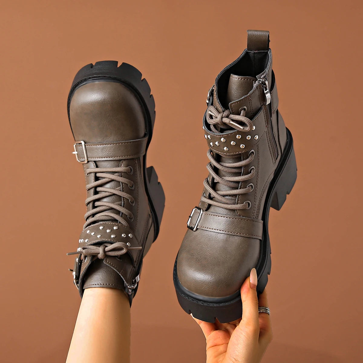 Women Ankle Boots 2025 New Fashion Lace Up Shoes Comfortable Luxury Buckle Strap Boots Women Solid Chunky Heel Mid-Calf Boots Zpaxo GRAY 43