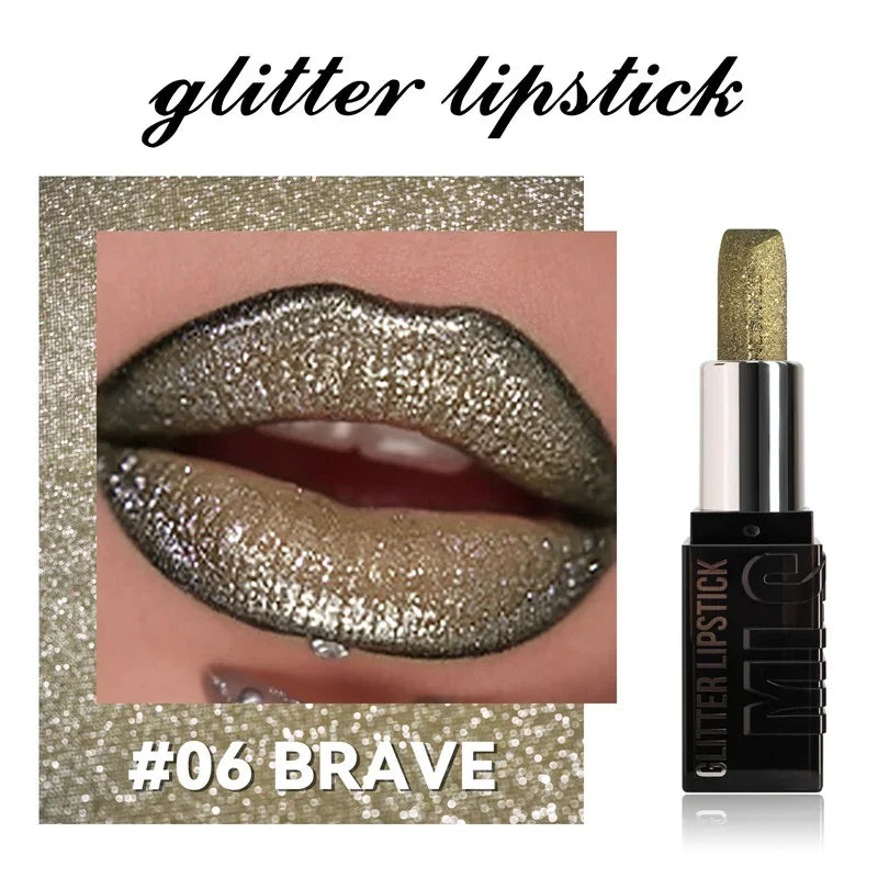 6 Color Glitter Lipstick Flash Lasting Easy Color Diamond Lipstick Waterproof Moisturizing Metallic Pearlescent Sexy Lips Makeup Zpaxo 06 Brave