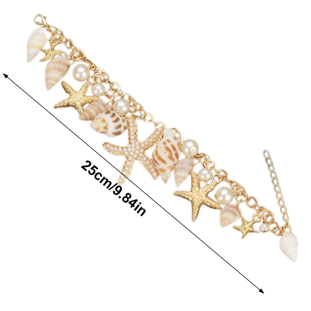 Gold Metal Starfish Conch Charm Women Bracelet Imitation Pearl