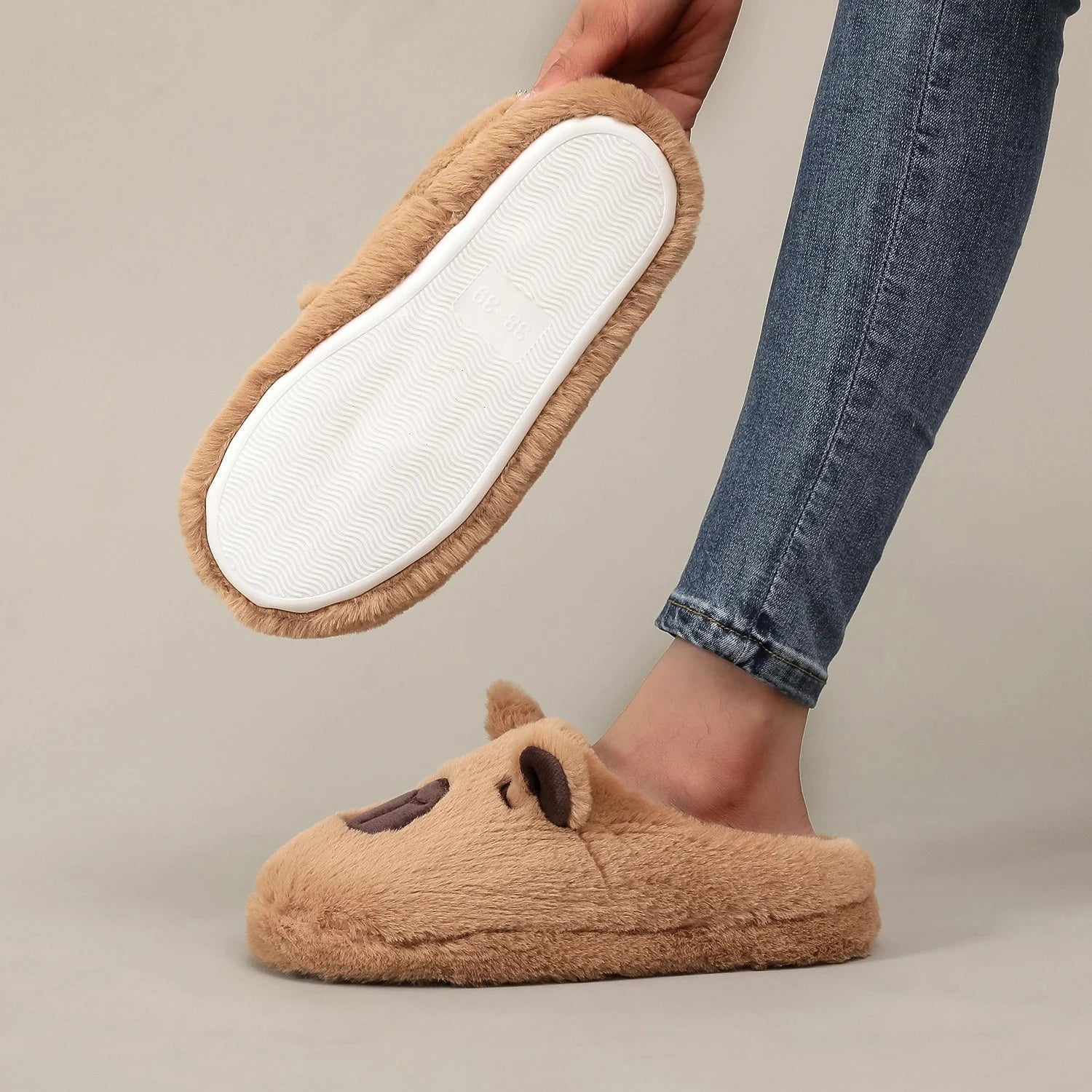Pair Brown Plush Kapibara Animal Patterns Comfortable Furry Slippers
