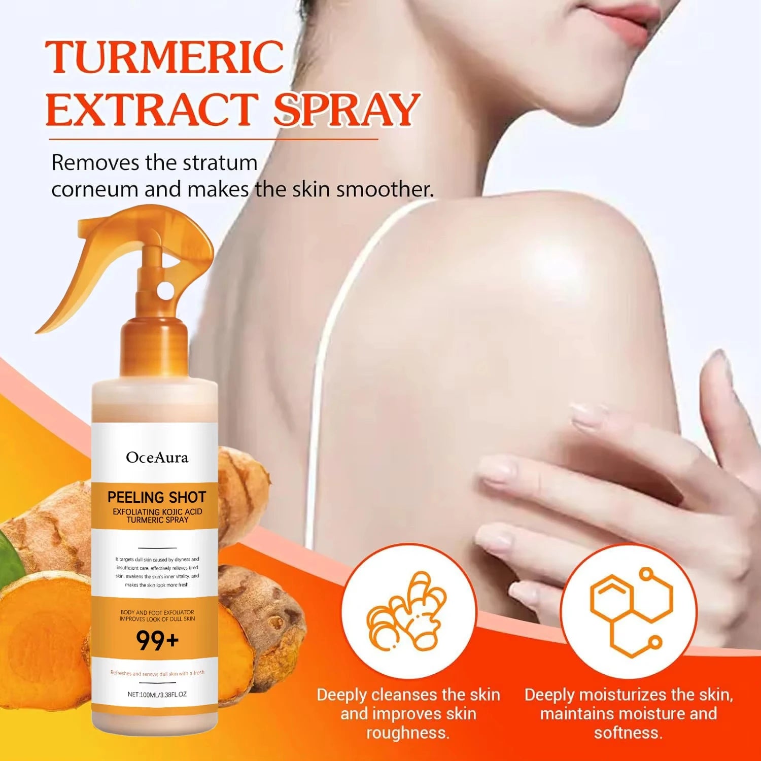 OceAura Kojic Acid Turmeric Exfoliating Spray | Body Peel 100ml Exfoliating Body Spray Zpaxo
