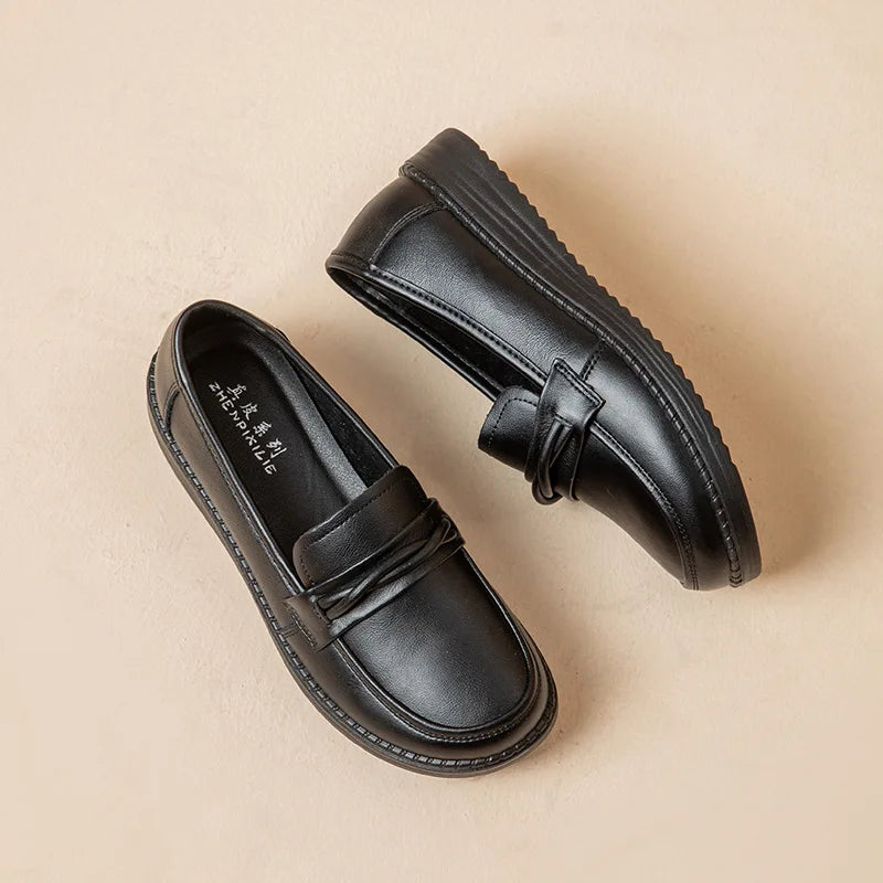 Black Leather Loafers Women Knot Detail Round Toe Non Slip Thick Sole Zpaxo