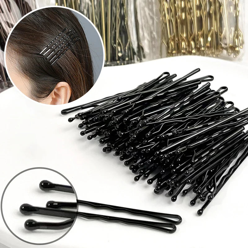 Women Black Hair Clip Metal U-shaped Bobby Pins Wavy Hairpin Barrette